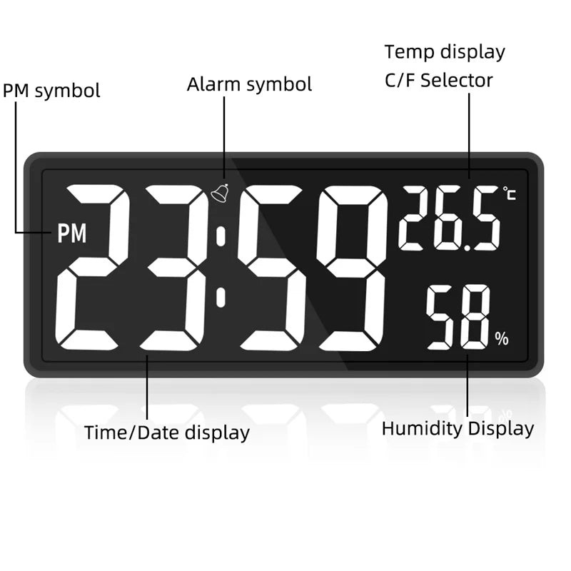 Large LED Digital Clock with Temp & Humidity, Night Mode