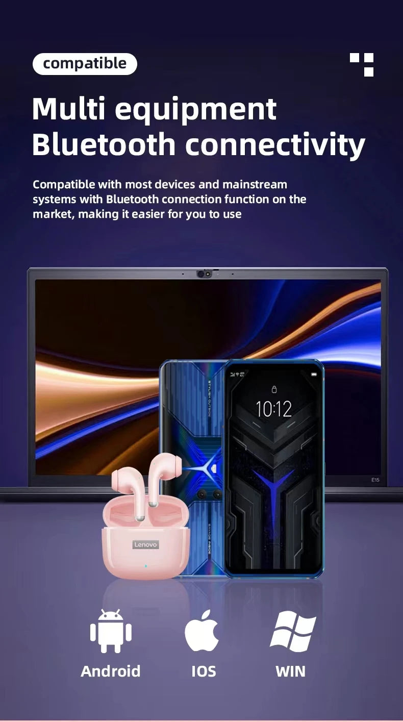 New Lenovo LP40 Pro Bluetooth V5.3 Earphones Punchy Bass Sound Headset Full Compatible Low Latency Game Sports Music Headphones